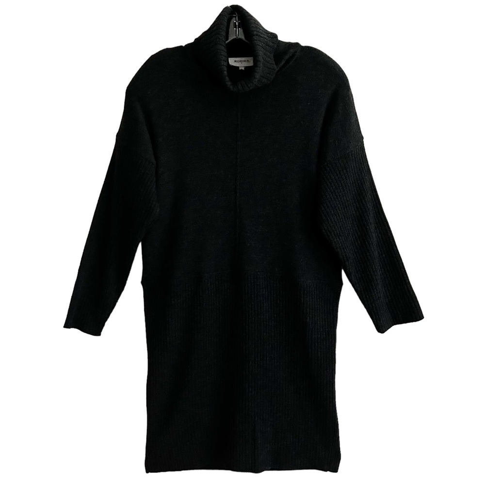 Vintage 80s Rodier Paris Charcoal Gray Wool Turtleneck Sweater Dress 42